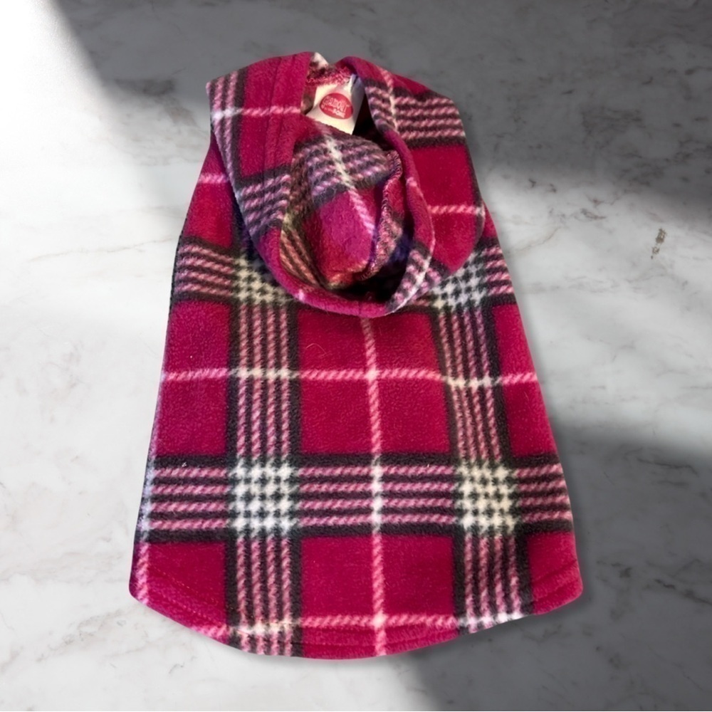 EUC XXS Dog Plaid Fleece Hoodie In Pink Velcro Closure Under Belly